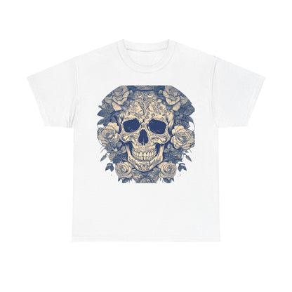 Front view of the Skulls and Roses Cotton Tee in white, displaying its stunning graphic of a skull surrounded by roses, a stylish choice for any occasion.