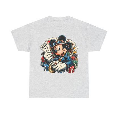 Mickey Mouse Poker Graphic Tee in grey, featuring a charismatic depiction of Mickey Mouse as a poker player, surrounded by colourful poker chips and cards, perfect for stylish casual wear.