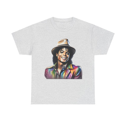 Michael Jackson Close-Up Portrait Graphic Unisex Tee – Luxurious Art Tribute T-Shirt, displaying a stylised portrait of Michael Jackson with a cheerful expression, wearing a dazzling multicoloured outfit.