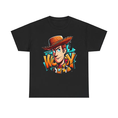 Woody Graphic Unisex Cotton Tee - Nostalgic Design featuring a vibrant illustration of Woody with bold colours and dynamic patterns, perfect for showcasing your adventurous spirit.