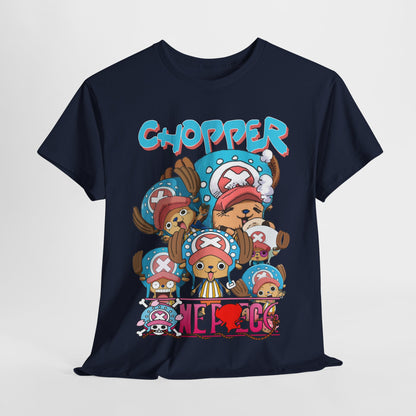 An elegantly styled navy t-shirt showcasing a multi-character design of Chopper, tailored for fans who appreciate high-quality anime fashion.