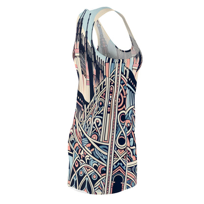 Model wearing the Milan-Inspired Racerback Dress in Pastel Tones, embodying the fusion of comfort and elegance with unique architectural design elements.