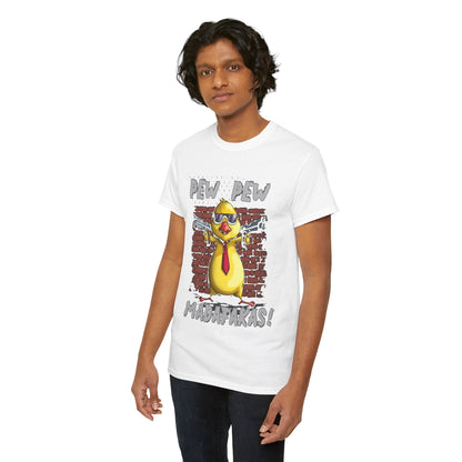 Front view of a male model in a chic white t-shirt, prominently displaying a playful gangster chicken design with 'PEW PEW MADAFAKAS!' text, perfect for bold fashion statements.