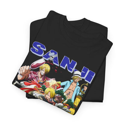 Fashionable black Sanji Anime Graphic Tee, elegantly folded to display vivid Sanji artwork from One Piece. A luxurious choice for the discerning anime enthusiast.