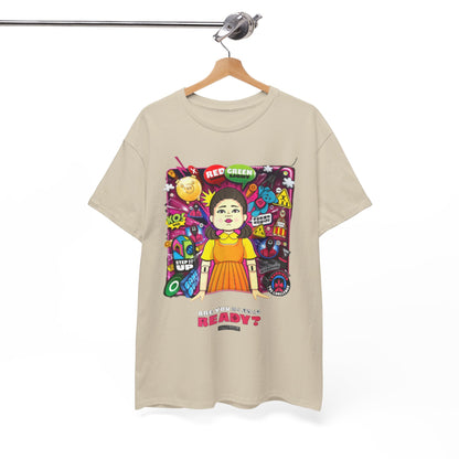 Elegantly displayed Squid Game graphic t-shirt on a hanger, featuring whimsical artwork that radiates charisma and charm.