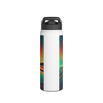 Fantasy Paddleboarding Stainless Steel Water Bottle featuring an artistic landscape illustration of mountains and water, designed for luxury hydration on paddleboarding escapades.