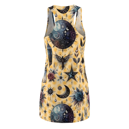 Back view of the Elegant Women's Chic Designer Racerback Dress showcasing a stunning design with celestial motifs on a sunny yellow background, ideal for summer celebrations.