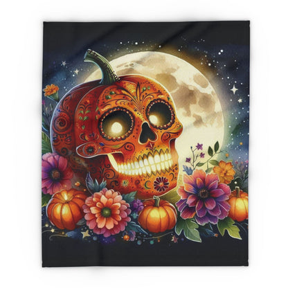 Luxurious Decorative and Warm Halloween Spooky Arctic Fleece Blanket featuring a vibrant skull pumpkin design surrounded by colourful flowers and a full moon backdrop, perfect for elevating your Halloween decor.