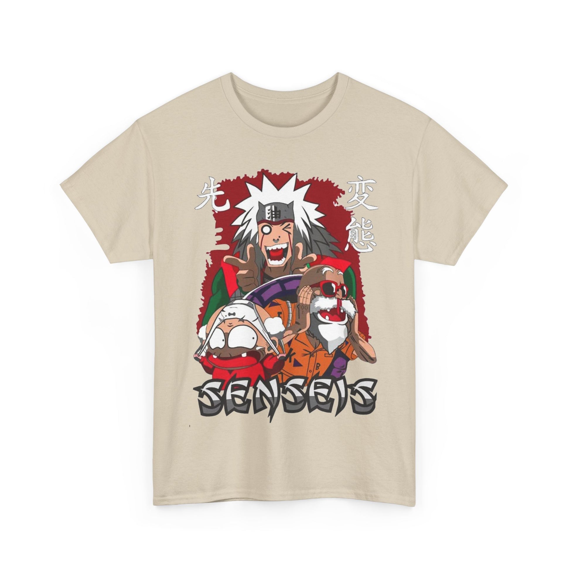 Luxurious beige t-shirt featuring an extravagant anime-inspired graphic with vibrant characters embodying adventure and playfulness, perfect for enthusiasts of high-end streetwear.