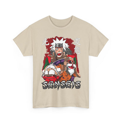 Luxurious beige t-shirt featuring an extravagant anime-inspired graphic with vibrant characters embodying adventure and playfulness, perfect for enthusiasts of high-end streetwear.