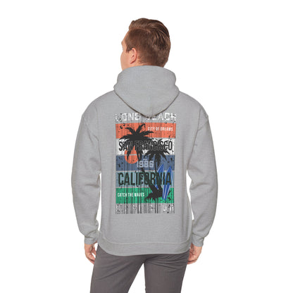Model wearing a stylish back print hoodie with a San Francisco surf design, epitomizing modern coastal elegance and urban fashion.