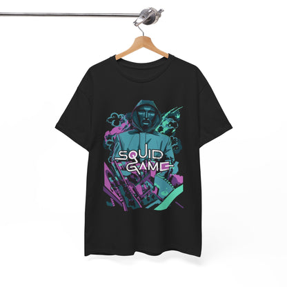 Sophisticated Squid Game graphic t-shirt displayed on a wooden hanger, showcasing a captivating design ideal for stylish individuals.
