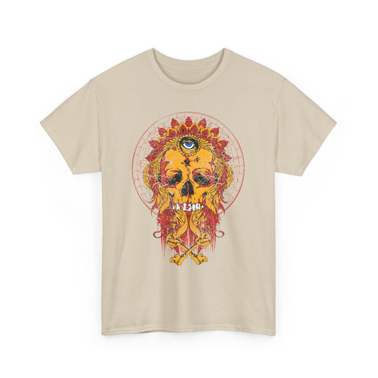 Luxurious Skull Graphic Tee featuring a vibrant crown headdress and intricate fiery designs, perfect for making a bold statement.