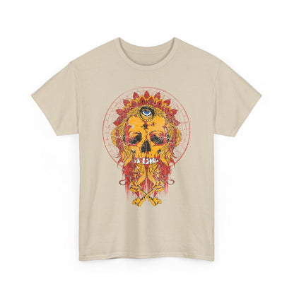 Luxury Infernal Monarch Skull Graphic Tee in beige, displaying an intricate skull design with an all-seeing eye and crown, complemented by detailed artwork.