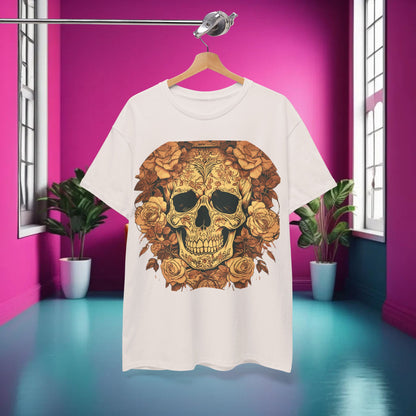 Luxurious Skulls and Roses Cotton Tee on display, showcasing the intricate steampunk-inspired graphic design of a skull surrounded by roses, perfect for a stylish and edgy unisex look.