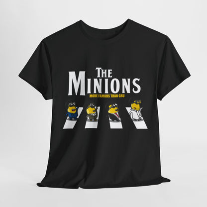 A black Minion's Abbey Road Mashup unisex T Shirt featuring vibrant Minions crossing a pedestrian line with text 'The Minions' and 'More Famous Than Gru'. Perfect for those who enjoy funny and playful designs.