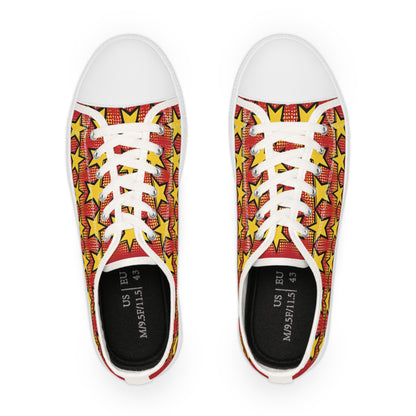 Zara Boltstrike Men's Lowtop Sneakers featuring a vibrant pop art design with a cheerful yellow star pattern against a bold red backdrop, showcasing luxury and style.