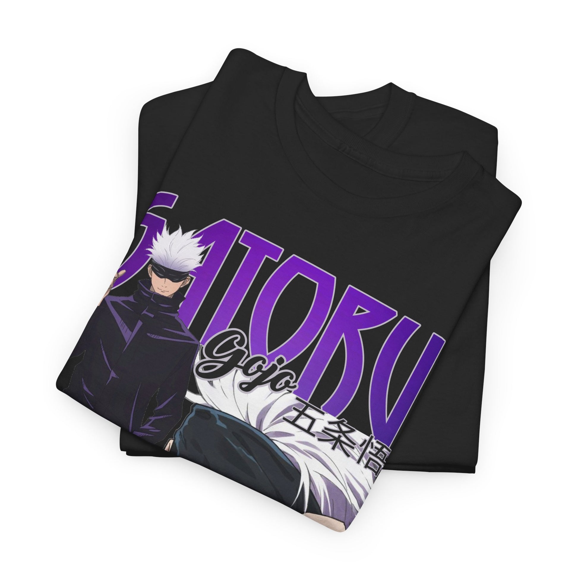 Chic folded Gojo Satoru T-shirt showcasing exquisite design elements, ideal for discerning anime fans.