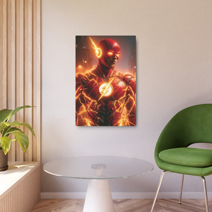 The Flash Metal Art Poster elegantly hung on a wall in a stylish interior. A bold addition to contemporary decor, embodying heroism and artistry.