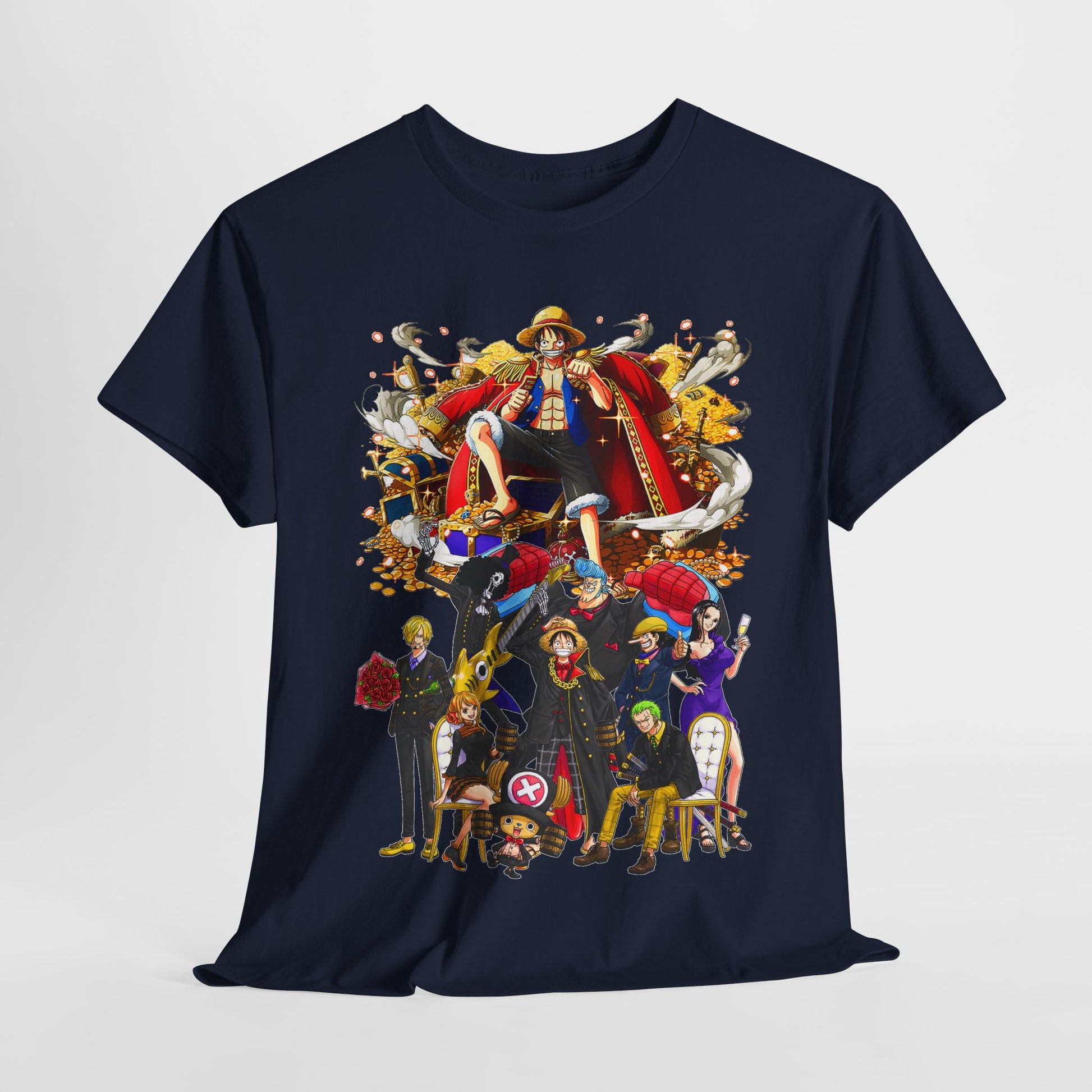 Elegant navy t-shirt showcasing a vibrant ensemble of anime characters, ideal for stylish men's wear and anime lovers.