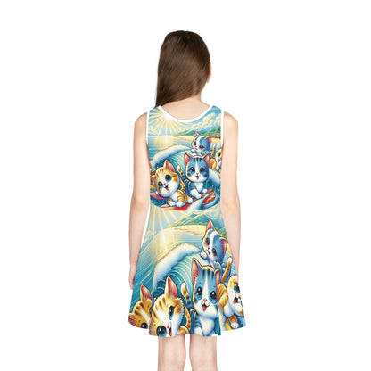 Stylish little girl wearing the Isabella Kitty Print Sundress by Dazzling Dreams Studio, perfectly capturing the essence of summer fun.