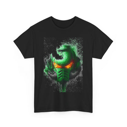 Stylish black t-shirt with an eye-catching green and orange helmet illustration, embodying a blend of modern art and pop culture, suitable for both men and women.