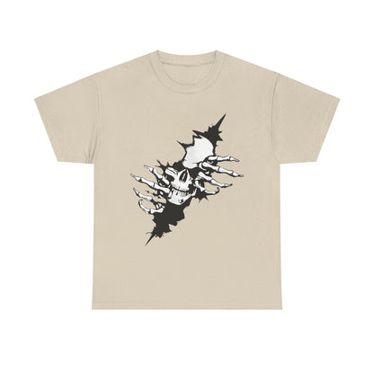 Unisex Ripped Skull Graphic Tee - Bold Black and White Design, Premium Quality displayed in a chic beige tone with an intricate skull graphic, representing a fusion of artistry and rebellious spirit.