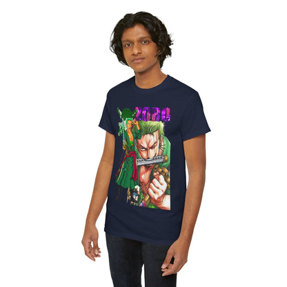Fashion-forward individual showcasing a navy Roronoa Zoro graphic t-shirt, artfully portrayed with dynamic illustrations, perfect for adding a bold statement to any anime lover’s wardrobe.