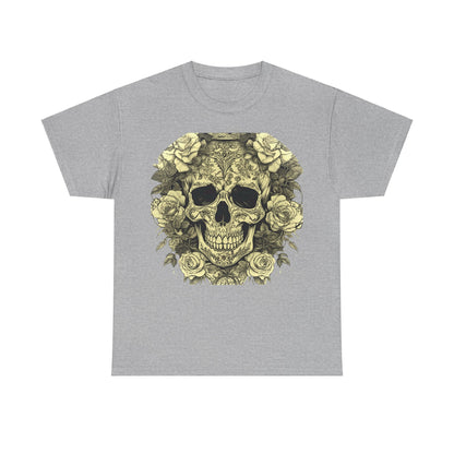 Skulls and Roses Cotton Tee in grey; an elegant unisex graphic shirt featuring intricate skulls surrounded by roses, perfect for alternative fashion enthusiasts.