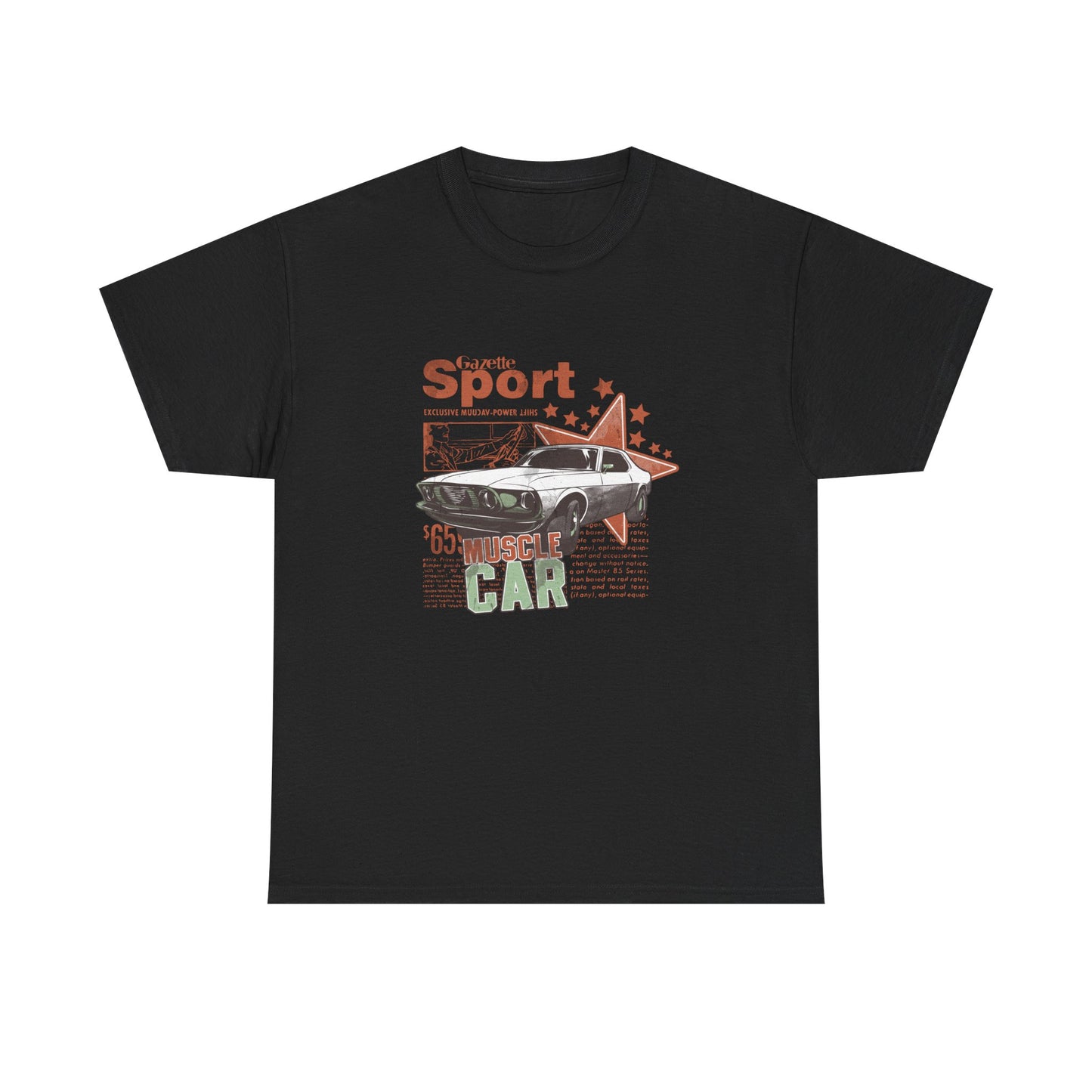 Elegant black T-shirt showcasing a striking illustration of a vintage muscle car with 'Gazette Sport' typography and retro stars, ideal for classic car lovers.