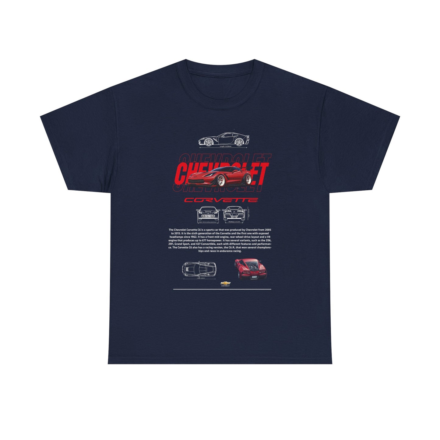 Refined navy Chevrolet Corvette C6 T-shirt presenting exquisite artwork and engineering insights, perfect for discerning automotive enthusiasts.