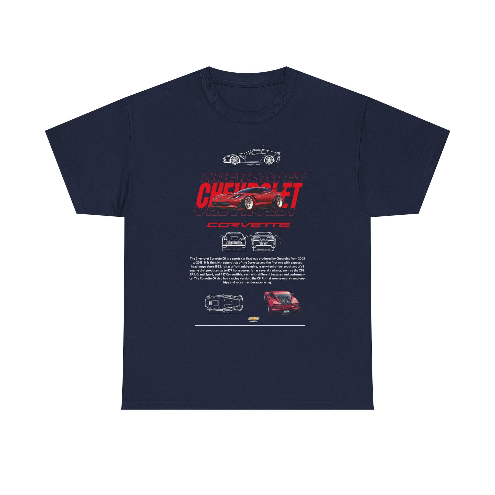 Refined navy Chevrolet Corvette C6 T-shirt presenting exquisite artwork and engineering insights, perfect for discerning automotive enthusiasts.