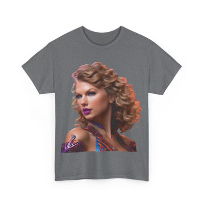 Front view of a premium grey Swifties psychedelic Taylor Swift Heavy Cotton Tee with an artistic print of Taylor Swift, highlighting the exquisite design.