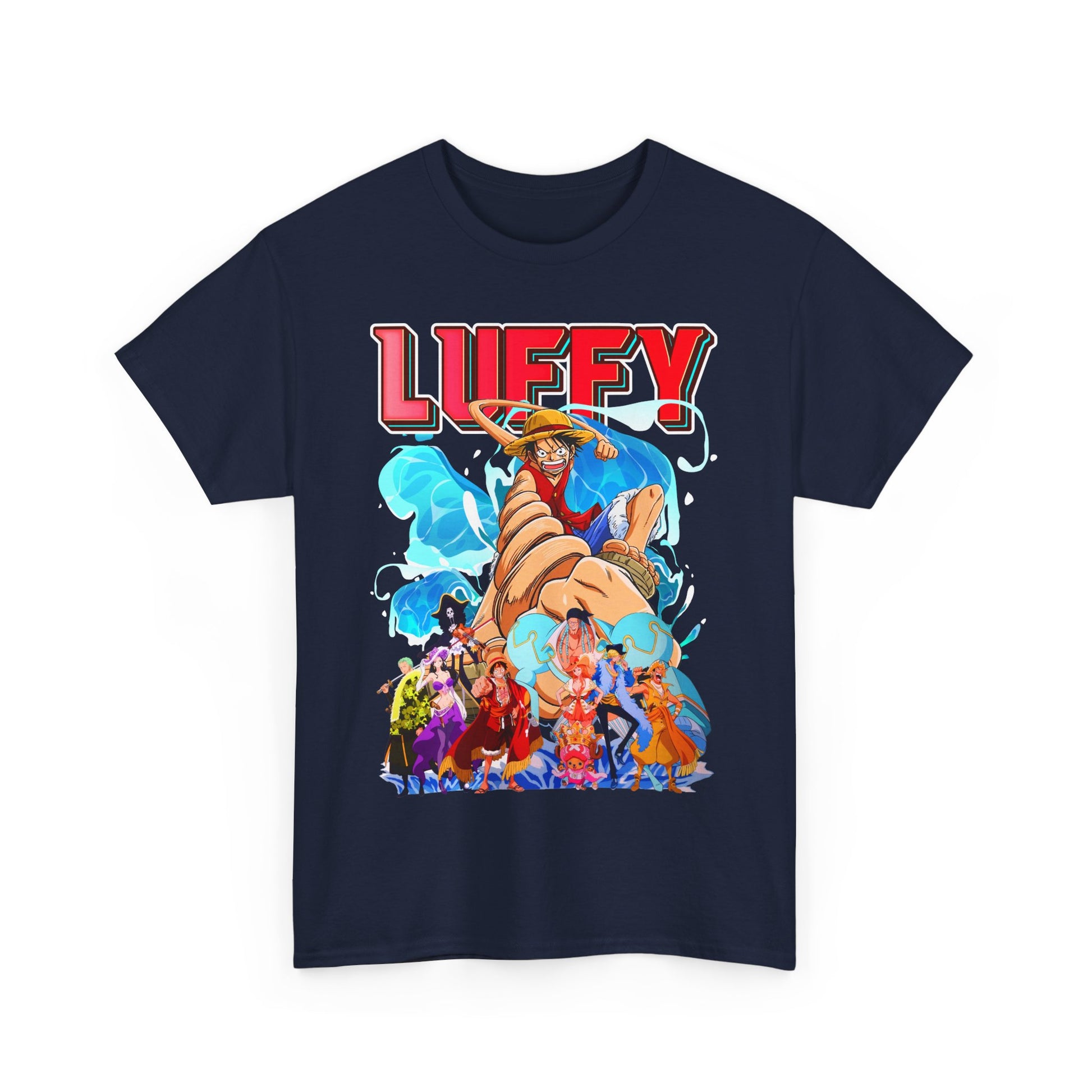 Luxurious navy t-shirt adorned with a vibrant graphic design depicting the character Luffy from an adventurous cartoon series, perfect for style-conscious individuals.