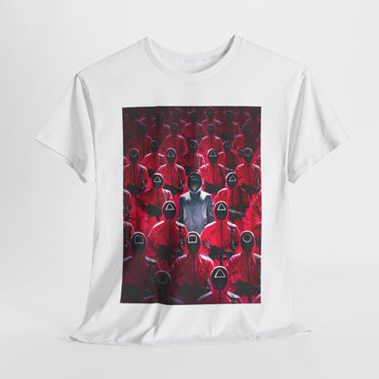 Luxurious Squid Game Unisex Men’s Women’s Graphic Cotton Funny T-Shirt featuring a striking design with a central figure surrounded by masked participants in red uniforms. Perfect for those who embrace individuality and dark humour, this stylish urban tee is a bold statement piece.