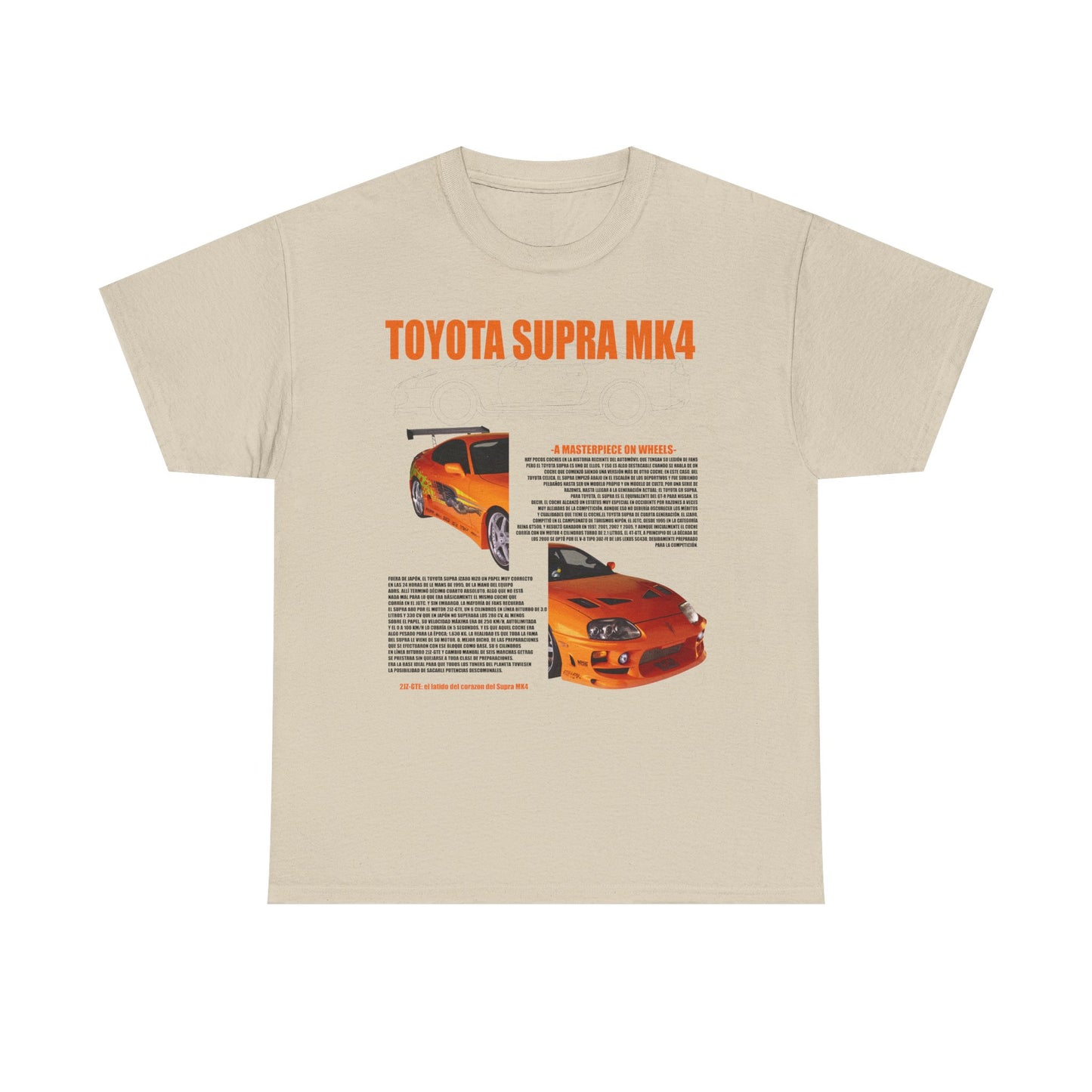 Refined beige men's t-shirt highlighting spectacular Toyota Supra MK4 graphic design, complete with intricate illustrations and engaging text, suited for automotive lovers.