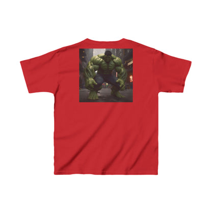 Kids Incredible Hulk Heavy Cotton T-Shirt adorned with a captivating Hulk illustration on a stylish red basis, tailored for aspiring heroes.