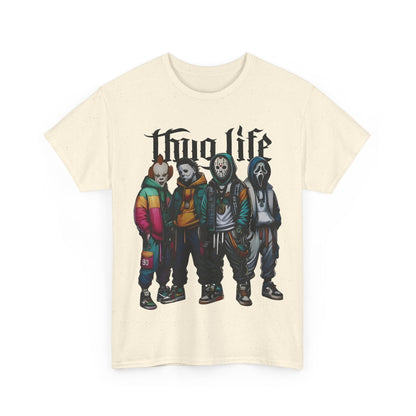 Luxury Thug Life Horror Characters Graphic T-Shirt in cream, featuring iconic horror characters styled in urban streetwear.