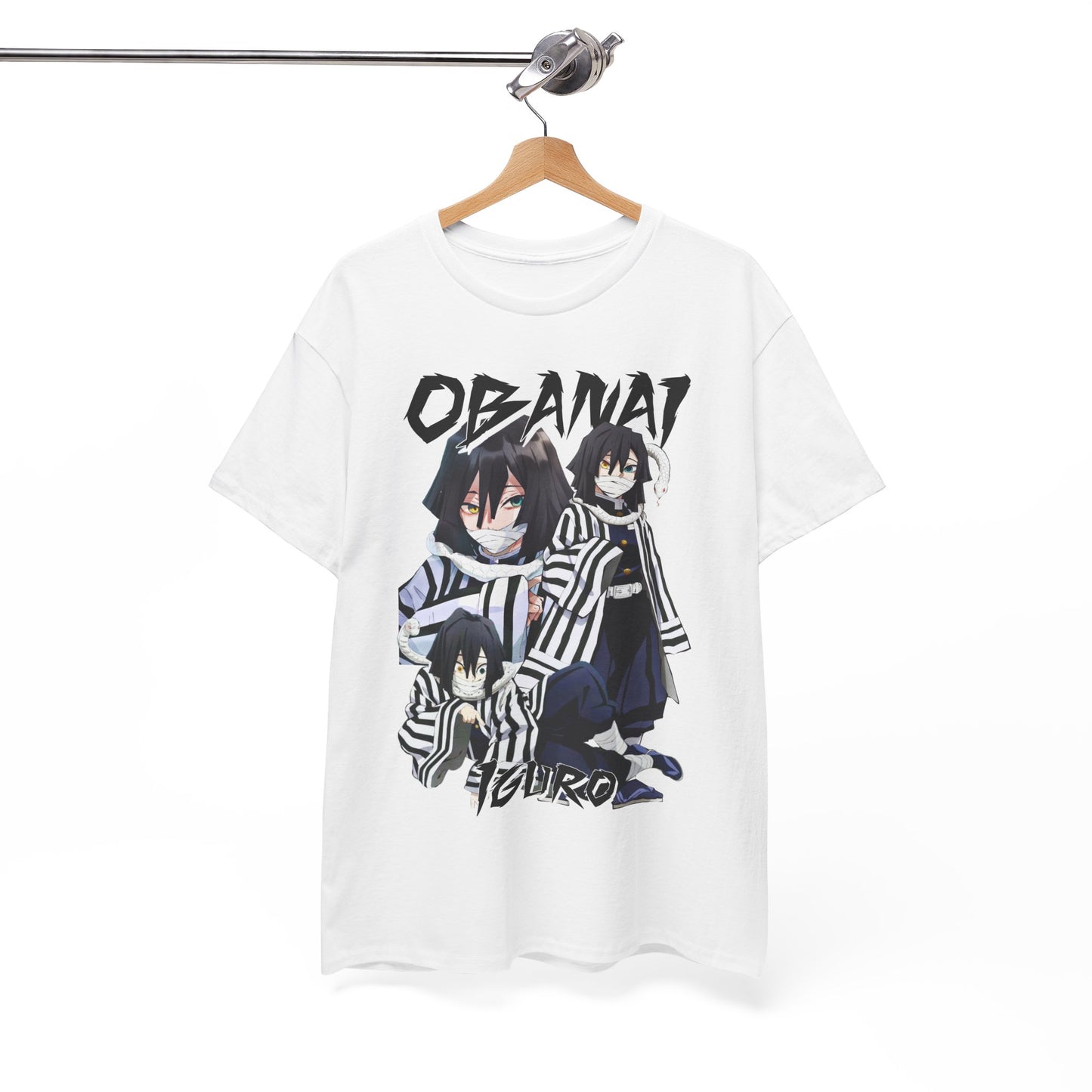 Elegantly displayed Obanai Iguro T-shirt on a hanger, showcasing a chic, anime-inspired streetwear style.