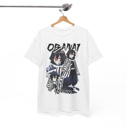 Stylish white Obanai Iguro T-shirt elegantly hung, featuring an eye-catching design that blends comfort with anime culture, perfect for fashion-conscious fans.