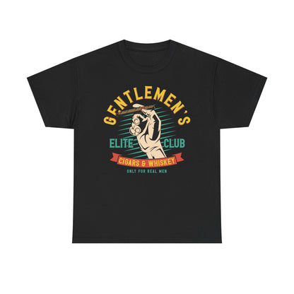 Elite Club Men's T-Shirt in black showcasing a sophisticated vintage graphic of a hand gripping a cigar, elegantly presenting 'GENTLEMEN'S ELITE CLUB CIGARS & WHISKEY ONLY FOR REAL MEN' for the discerning gentleman.
