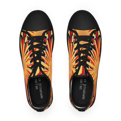 Close-up of Zara Thunderstrike Lowtop Sneakers showcasing intricate orange lightning bolt design against red canvas, crafted by Printify for the stylish individual.