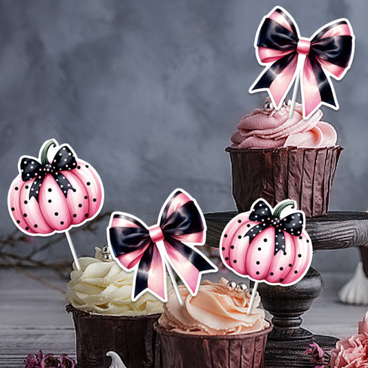 Halloween Pumpkin Bow Inserts - Adorable pink pumpkin and bow cake decoration set by Dazzling Dreams Studio, enhancing decadent cupcakes for luxury Halloween celebrations.