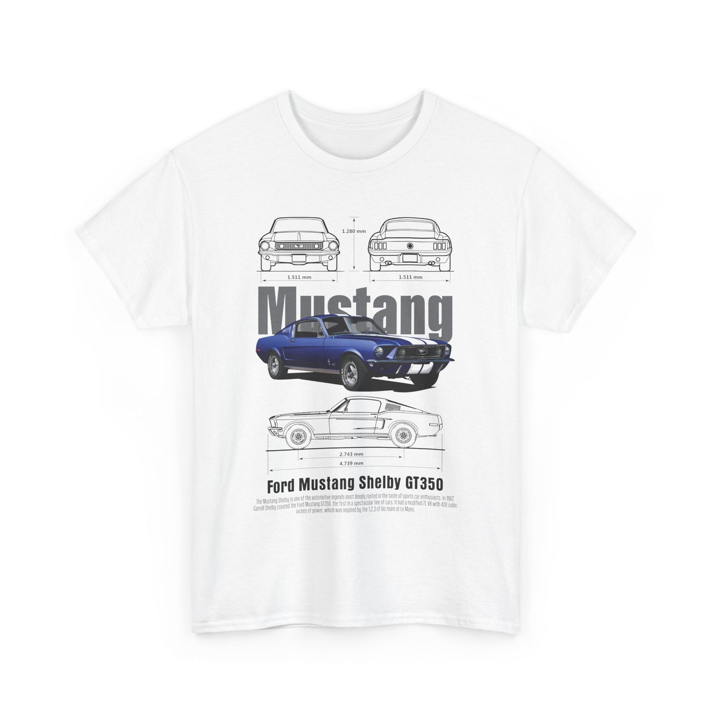 Men's white t-shirt featuring a striking graphic design of the Ford Mustang Shelby GT350, showcasing detailed car specifications and illustrations.