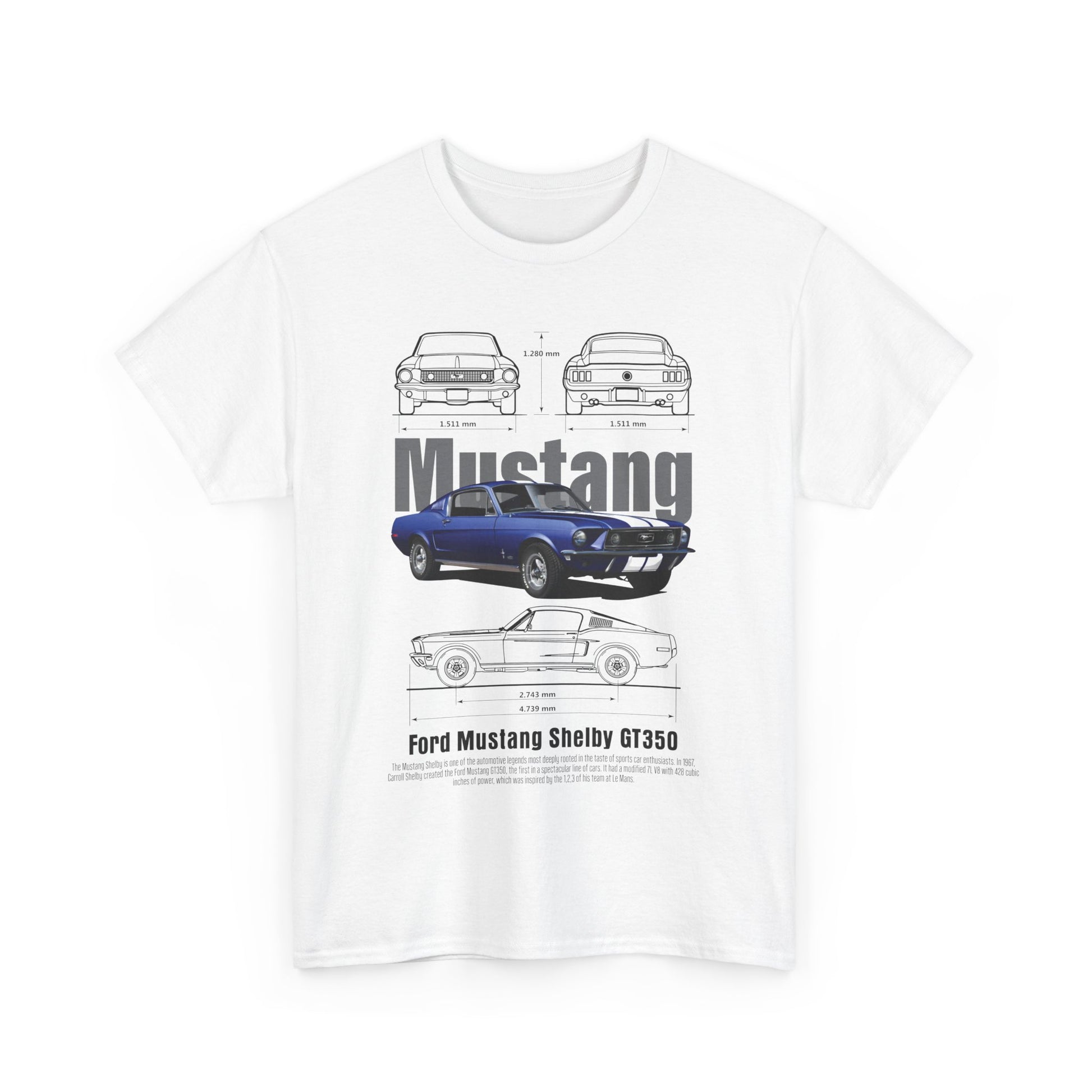Men's white t-shirt featuring a striking graphic design of the Ford Mustang Shelby GT350, showcasing detailed car specifications and illustrations.