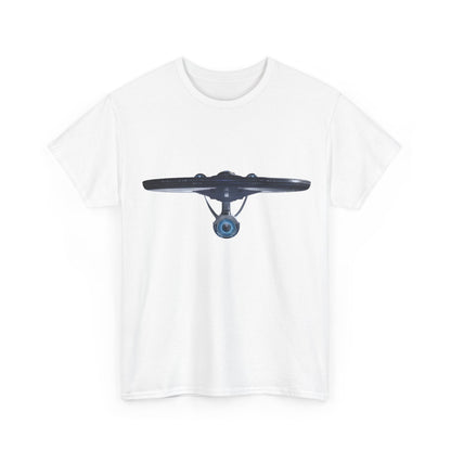 USS Enterprise Star Trek Graphic Unisex T Shirt Tee featuring a detailed front view of the iconic starship on a pristine white background, perfect for fans of science fiction.