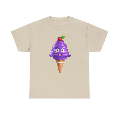 Scoop of Joy: Cartoon Ice Cream Cone Character Tee in beige, featuring a delightful cartoon ice cream cone character, blending fun and elegance in high-quality cotton.
