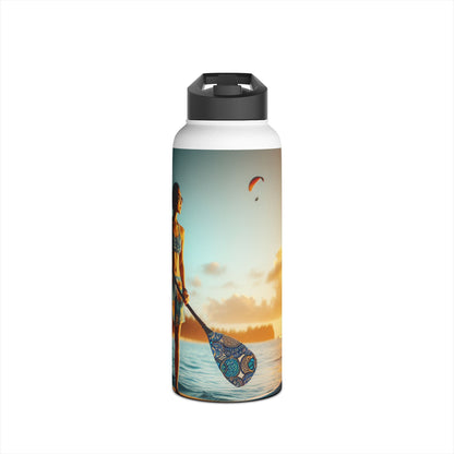Elegant Fantasy Paddleboarding Stainless Steel Water Bottle showcased against a beautiful sunset, ideal for stylish hydration on paddleboarding adventures.