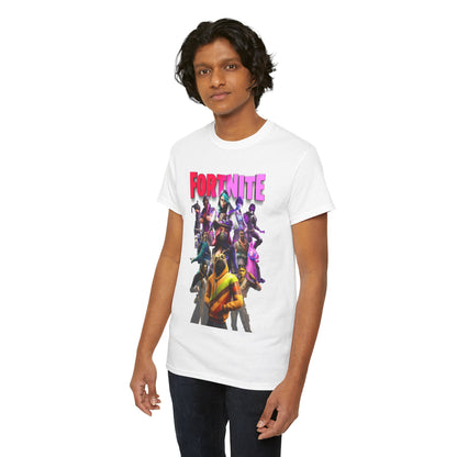 Premium Fortnite Squad Drip T-Shirt in bold colours, featuring a striking graphic of iconic characters, on a model showcasing a vibrant and dynamic style.