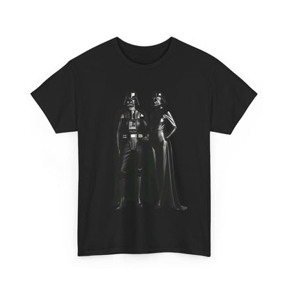 Mr + Mrs Vader Star Wars Unisex Mens Graphic Cotton Funny T Shirt Tee Vintage showcasing a sleek print of iconic Sith figures.